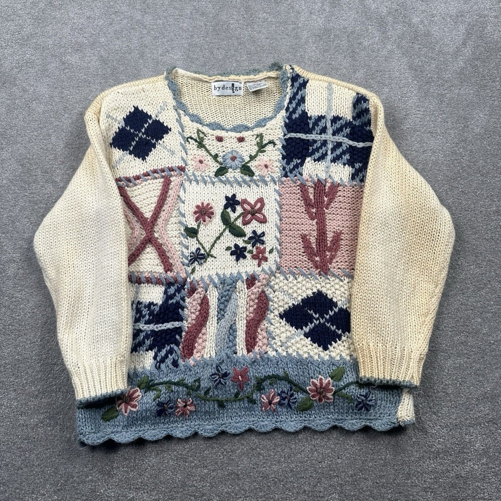 VTG By Design Women's Knit Floral Cardigan Sweater Sze M Beige Patchwork Grandma